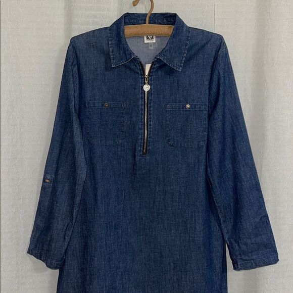 Anne Klein 12 Denim Blue Long Tab Roll up Sleeve Gold Tone Zip Front Dress - Picture 3 of 11